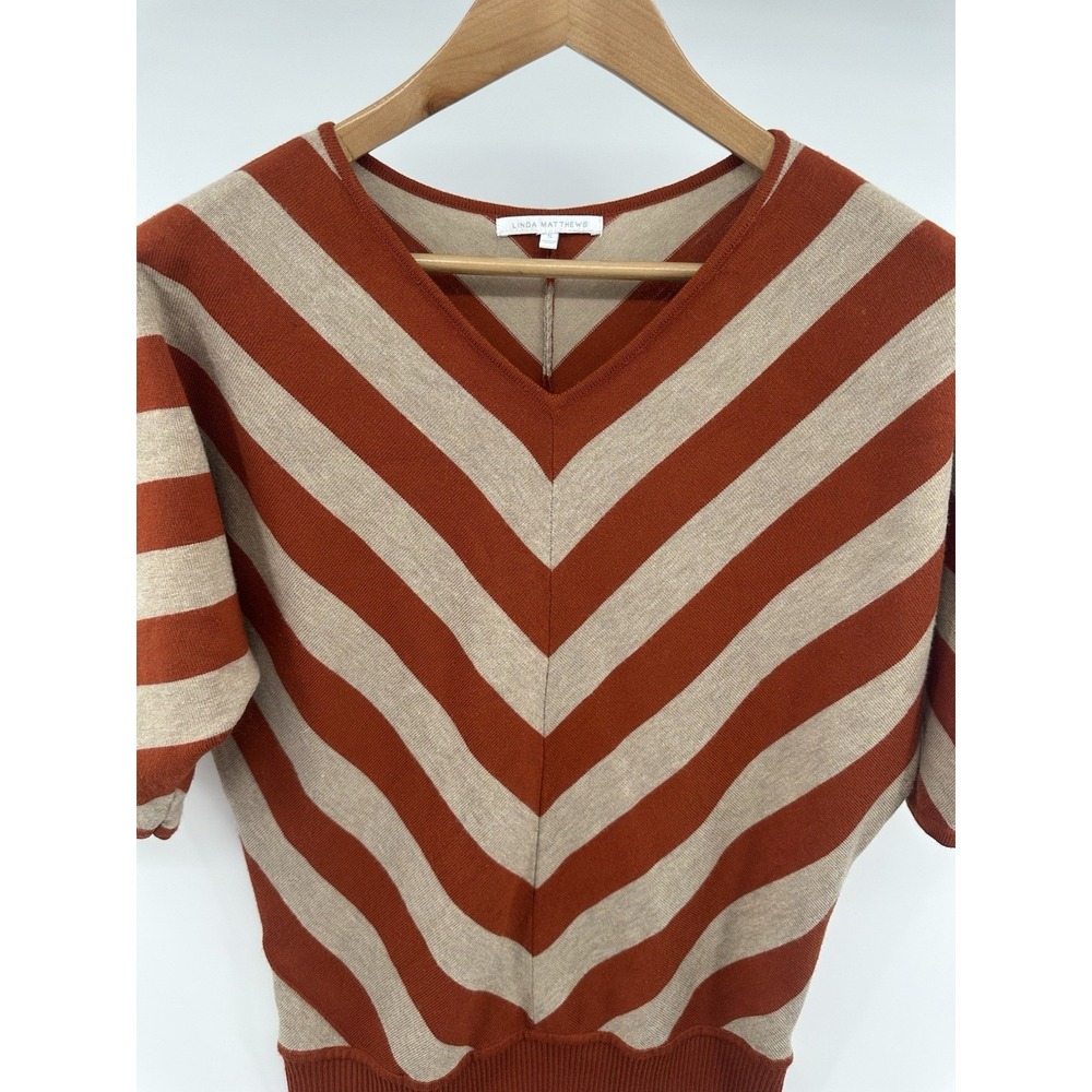 LINDA MATTHEWS Women's Orange Stripe Dolman Sleeve Size Small Fall Sweater Top